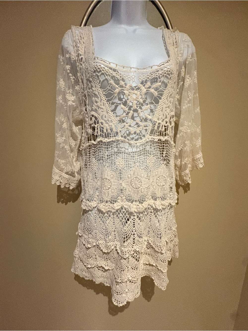 Origami Crochet and Lace Tunic Boho Top In Cream Size XL